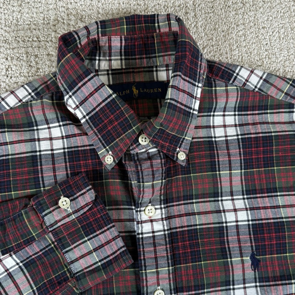 Ralph Lauren Men's Medium Red Plaid Long Sleeve Button Down Shirt Blue Pony